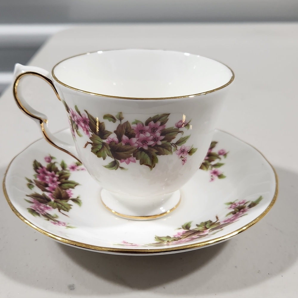 Queen Anne Floral Gold-Rimmed Teacup and Saucer Set
